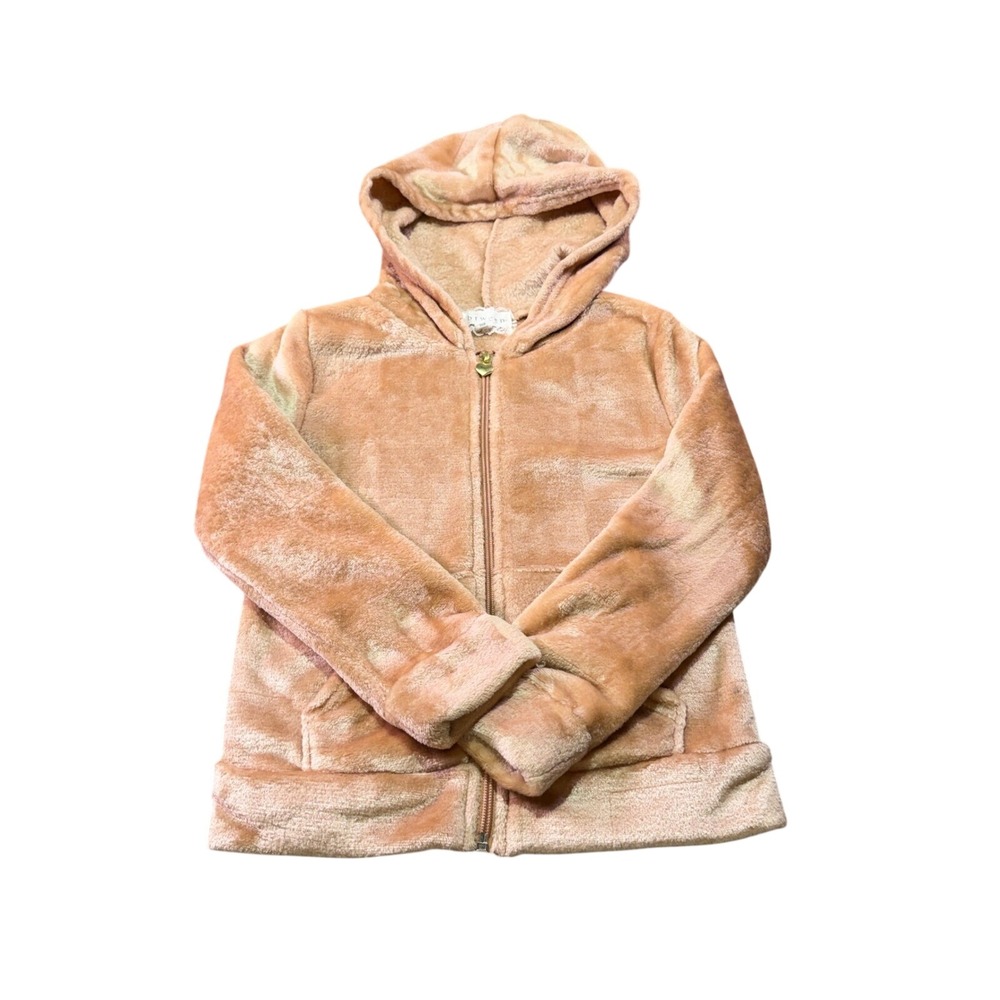 btween Girls Peach Faux Fur Zip Up Hoodie Gold Heart Pull Size 7‎ EUC
